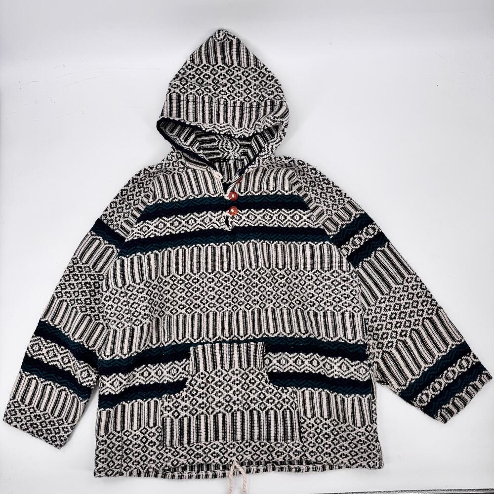 Baja Hoodie Woven Drug Rug Black White Teal Pullover Kangaroo Pocket Boho